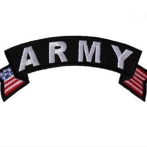 May include: Black and white embroidered patch with the word "ARMY" in a white font on a black banner with American flag details on each end.