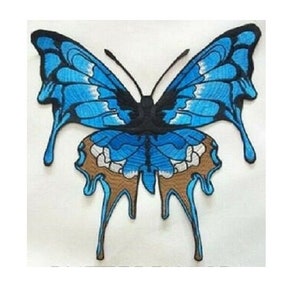 Butterfly Jean Patch, Frayed Distressed Tattered Blue Gold Sew On