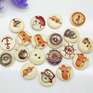 Pack of 20 NAUTICAL Themed 2-hole Wood Buttons 5/8&quot; (15mm) Craft (2552)