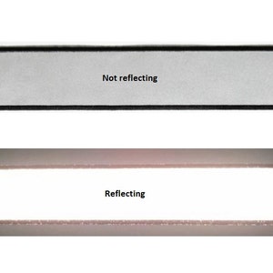 May include: Two rectangular patches of fabric, one white and one gray. The white patch is reflective and the gray patch is not. The text "Reflecting" is printed on the white patch and the text "Not reflecting" is printed on the gray patch.