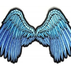 May include: A pair of blue angel wings with a gradient of light blue to dark blue. The wings are embroidered and have a detailed design.