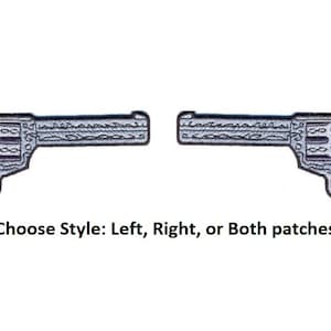 May include: Two silver embroidered patches of a revolver pistol with a brown wooden handle. Choose Style: Left, Right, or Both patches.