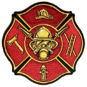 May include: Red and gold firefighter patch with a crossed axe, ladder, hose, and fire hydrant. The center features a firefighter wearing a helmet and breathing apparatus.