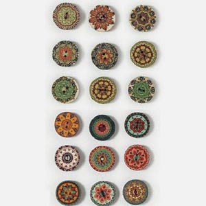 May include: Assortment of 18 round wooden buttons with colorful mandala designs. The buttons are approximately 1 inch in diameter and feature intricate patterns in shades of red, orange, yellow, green, blue, and purple.