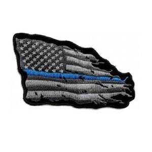 THIN BLUE LINE Tattered B&W American Flag 11.75&quot; x 7.5&quot; iron on Back patch (5672) Police (L30)