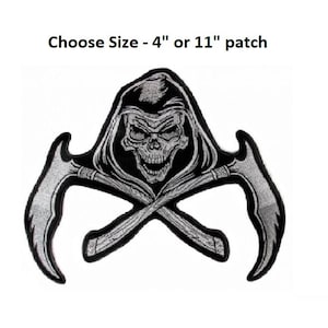 Choose Size REAPER SKULL SCYTHE 4" or 11" iron on back patch