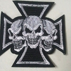 TRIPLE SKULLS on Iron Cross 3.5" x 3.5" iron on patch Biker (M12)