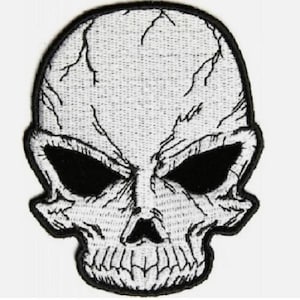 May include: A white skull patch with black eye sockets and a black outline. The skull has a cracked texture and a menacing expression. The patch is likely for clothing or accessories.