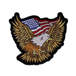 May include: An embroidered patch featuring a bald eagle with outstretched wings, holding an American flag in its talons. The eagle is depicted in shades of brown and gold, while the flag is red, white, and blue.