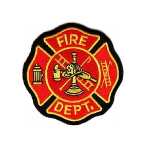 May include: Red and black embroidered patch with a firefighter's helmet, axe, hose, and ladder. The patch says "FIRE DEPT."