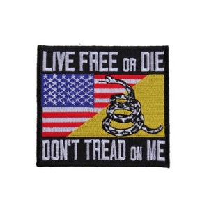 May include: Black embroidered patch with an American flag and a coiled snake with the text "Live Free or Die" and "Don't Tread on Me".