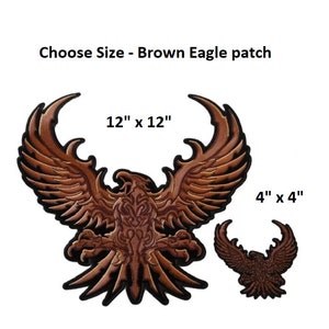 May include: Two brown leather eagle patches, one 12 inches by 12 inches and the other 4 inches by 4 inches.  The patches feature a detailed design of an eagle with its wings spread.