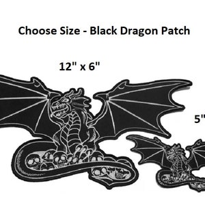 May include: Black dragon patch with a skull design. Choose between two sizes: 12 inches by 6 inches or 5 inches by 2.5 inches.