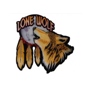 May include: Embroidered patch featuring a wolf howling at a full moon with the words "Lone Wolf" above. The moon is surrounded by feathers and beads.