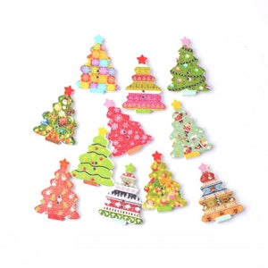 May include: Assortment of 10 colorful wooden Christmas tree buttons with various designs. The buttons are approximately 2 inches in size and feature a variety of festive patterns, including snowflakes, ornaments, and stripes.