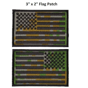 May include: Two 3 inch by 2 inch American flag patches. The patches are made of a camouflage fabric with a green, brown, and tan color scheme. The stars and stripes are black. Choose forward or reverse.