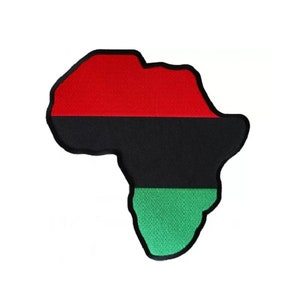May include: An outline of the continent of Africa in red, black, and green. The colors are arranged in horizontal stripes, with red at the top, black in the middle, and green at the bottom.