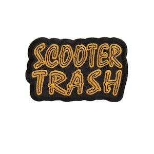 SCOOTER TRASH Yellow Gold on Black 3-1/2&quot; x 2-1/8&quot; iron on patch (1317) Biker (#67)