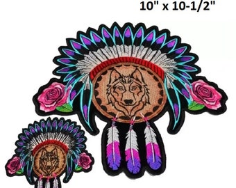 Native Head Dress Roses Wolf Dreamcatcher 4" or 10.5" iron on Back Patch