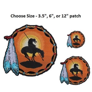 May include: An embroidered patch featuring a Native American riding a horse in silhouette against a sunset. The patch is circular and has a brown leather border with a fringe. The patch is available in three sizes: 3.5 inches, 6 inches, and 12 inches.