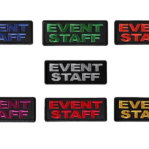 May include: Set of ten iron-on patches with black fabric and colorful embroidered text that reads "EVENT STAFF" in various colors including blue, green, red, silver, pink, and gold.