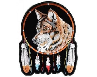 WOLF & FEATHERS Dreamcatcher 4.5", 6" or 12" iron on back patch (3865)