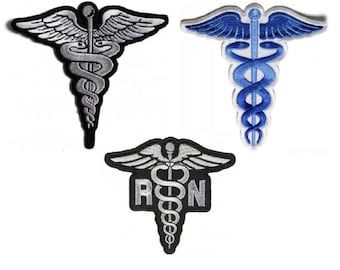 Choose Style MEDIC Symbol (4" x 3.75") or RN Symbol (3.5" x 3.1") iron on patch Staff of Life