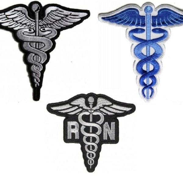 Choose Style MEDIC Symbol (4" x 3.75") or RN Symbol (3.5" x 3.1") iron on patch Staff of Life