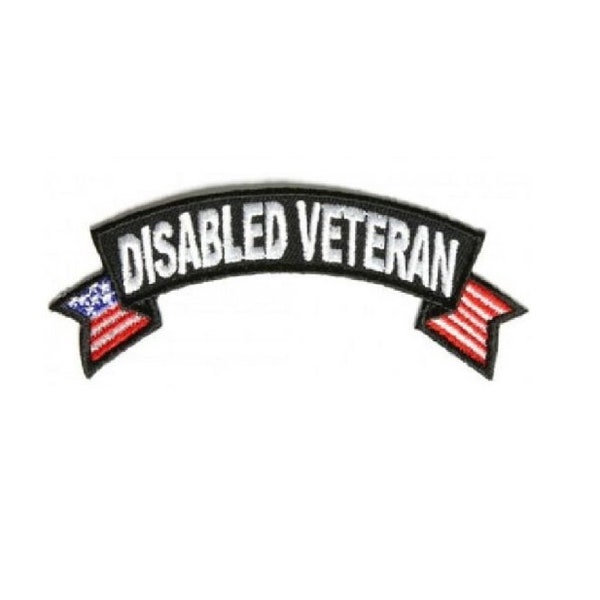 DISABLED VETERAN with American Flag 4" x 1.5" iron on Top Rocker patch (1555) (A18)