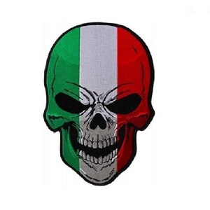 May include: A skull with the Italian flag colors of green, white, and red.