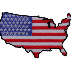 May include: An embroidered patch in the shape of the contiguous United States map. The design features the American flag pattern with a blue field containing white stars on the left and horizontal red and white stripes across the rest of the map.