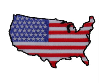 May include: An embroidered patch in the shape of the contiguous United States map. The design features the American flag pattern with a blue field containing white stars on the left and horizontal red and white stripes across the rest of the map.