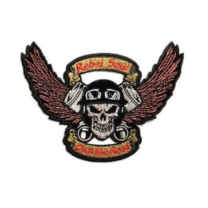 SKULL & PISTONS Rebel Soul 4.5&quot; x 3.25&quot; iron on patch (4353) Biker