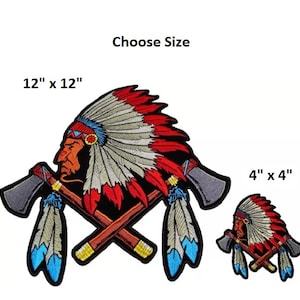 May include: Two embroidered patches of a Native American chief wearing a headdress and holding crossed tomahawks. The patches are available in two sizes: 12 inches by 12 inches and 4 inches by 4 inches.