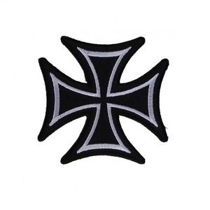 May include: Black iron cross patch with a white outline. The patch is embroidered and has a classic design.
