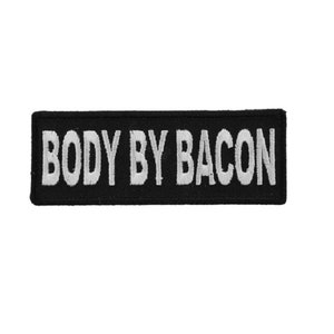 May include: Black embroidered patch with white text that reads "BODY BY BACON".
