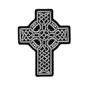 May include: A silver Celtic cross with intricate knotwork design, embroidered on a black fabric patch.
