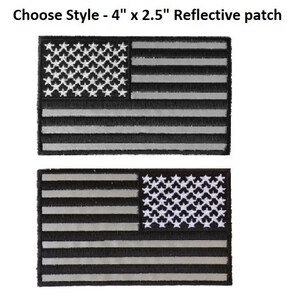 May include: Two styles of 4 inch by 2.5 inch reflective American flag patches. The first patch has the stars on the left side and the stripes on the right. The second patch has the stripes on the left and the stars on the right.