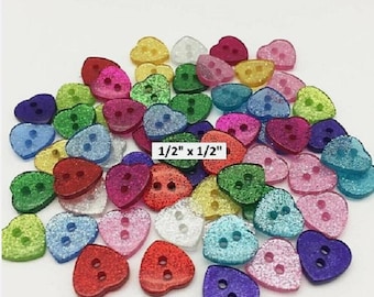 Pack of 20 GLITTERY SPARKLE HEARTS 2-hole Resin Buttons 1/2" (13mm) Craft (1020H)