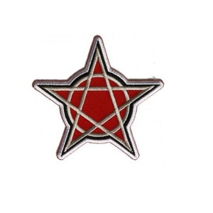 May include: A red pentagram with a black and white outline. The pentagram is a five-pointed star with a circle around it.