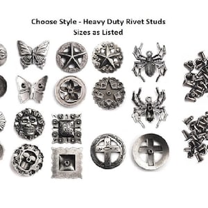 May include: Assortment of silver metal rivet studs in various shapes and sizes, including stars, butterflies, skulls, crosses, and spiders. Choose Style - Heavy Duty Rivet Studs Sizes as Listed.