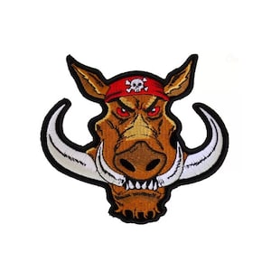 May include: Embroidered patch featuring a fierce cartoon boar with a red bandana and skull emblem. The boar has large white tusks, red eyes, and a brown and tan color scheme. The patch is outlined in black.