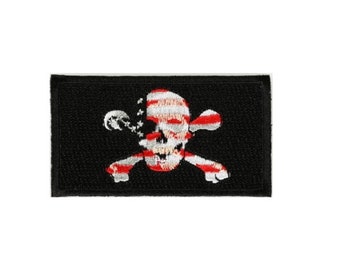 PIRATE SKULL and CROSSBONES American Flag 3" x 1.6" iron on patch (5526)