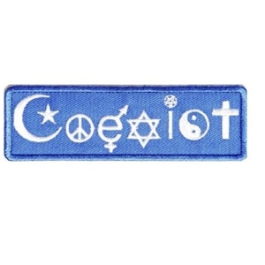 May include: Blue embroidered patch with white symbols representing different religions, including a crescent moon and star, a peace sign, a yin yang, a Star of David, and a cross. The word "Coexist" is embroidered in white letters.