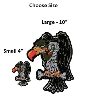 May include: Two embroidered iron-on patches of a cartoon vulture with a cigarette in its beak. The larger patch is 10 inches and the smaller patch is 4 inches.