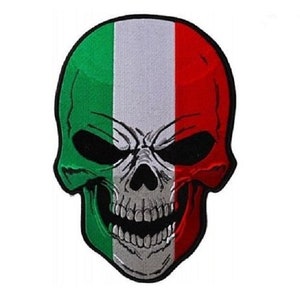 May include: A skull with the Italian flag colors of green, white, and red.