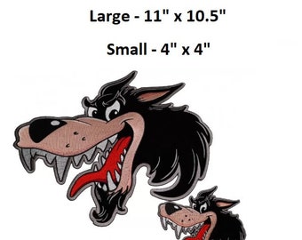 May include: Two embroidered iron-on patches of a cartoon wolf's head. The larger patch is 11 inches by 10.5 inches. The smaller patch is 4 inches by 4 inches. Choose Size.