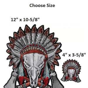 May include: Two embroidered patches featuring a Native American headdress with a skull and cross axes. The larger patch is 12 inches by 10 5/8 inches and the smaller patch is 4 inches by 3 5/8 inches.