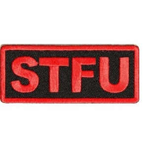 May include: Red embroidered patch with black border and the text "STFU" in all caps.