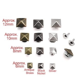 May include: Assortment of pyramid-shaped metal studs in antique brass, black nickel, and silver finishes. The studs are available in four sizes: 6mm, 8mm, 10mm, and 12mm.